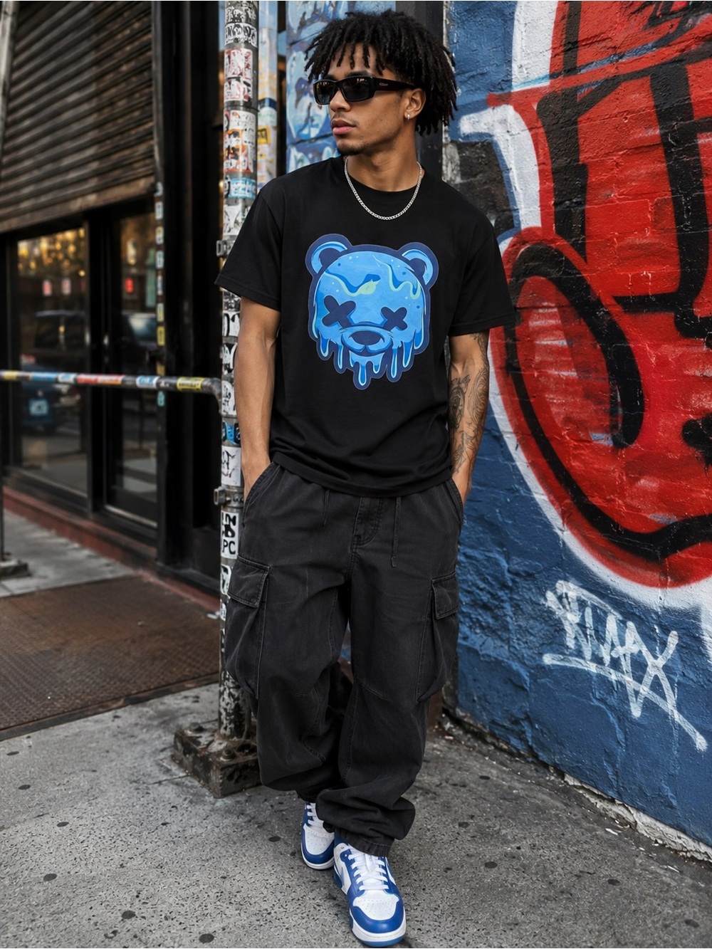 Black Blue Melting Bear Graphic T-Shirt Streetwear Y2K Tee